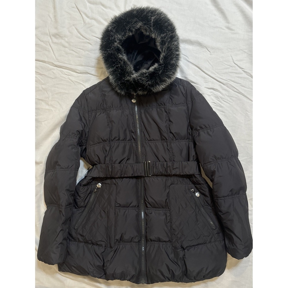 Betsey Johnson Faux Fur Trim Down & Feathers Quilted Puffer Jacket L